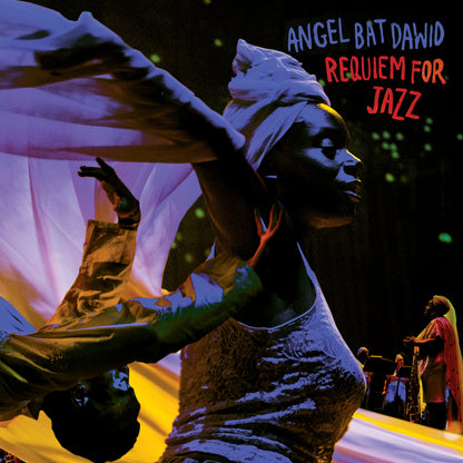 Album cover with a dancer and text 'Angel Bat Dawid Requiem for Jazz' against a dark background.